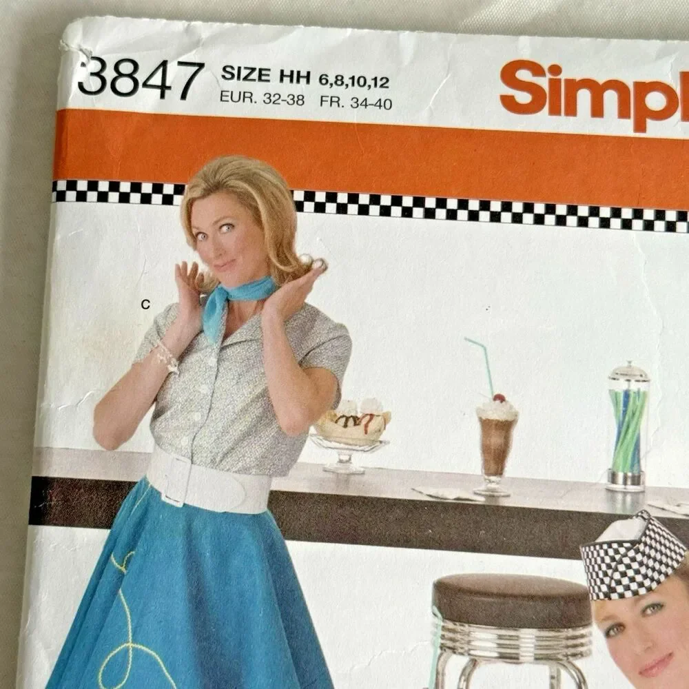 Simplicity 3847 50s Poodle Skirt Shirts Car Hop Costume Sewing Pattern Sz 6-12